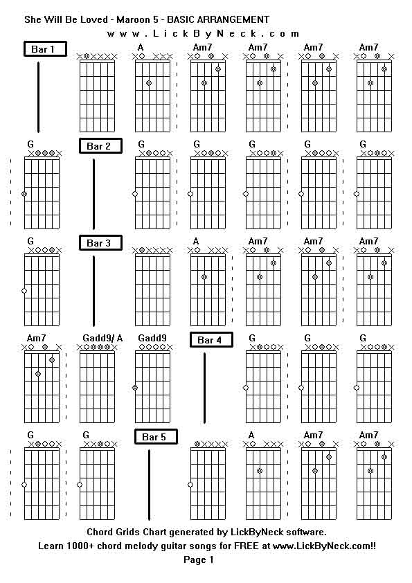Chord Grids Chart of chord melody fingerstyle guitar song-She Will Be Loved - Maroon 5 - BASIC ARRANGEMENT,generated by LickByNeck software.